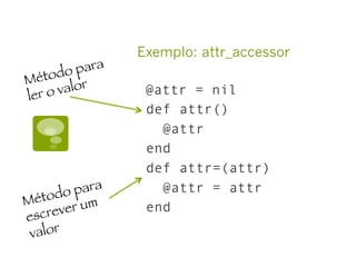 Exemplo: attr_accessor
@attr = nil
def attr()
@attr
end
def attr=(attr)
@attr = attr
end
Método para
ler o valor
Método para
escrever um
valor
 
