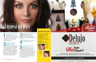 {76}www.revistavenuscuba.wordpress.com
revistavenus@gmail.com {77}www.revistavenuscuba.wordpress.com
revistavenus@gmail.com
CURIOSI-DUDAS
2
¿Las limpiezas de cutis
pueden maximizar el
problema o reducirlo?
Las limpiezas no ocasionan acné,
son buenas siempre que se realicen por
un dermatólogo o esteticista adiestrado
y sobre todo teniendo en cuenta la
clasificación o tipo de acné del paciente;
de lo contrario sí podrían complicar las
lesiones. En general los tratamientos
estéticos o cosméticos adecuados al tipo
de piel ayudan a mantenerla limpia y
evitar la obstrucción de los poros.
1
¿Cuál es la edad más propensa
para padecer acné?
Es más frecuente en adolescentes
y jóvenes, generalmente comienza
entre los 12 -13 años en las niñas, y entre
13-14 años en los varones, con mayor
severidad entre los 17-18 años y 19-
21años respectivamente.
5
¿Podemos o no heredarla de
nuestros padres?
El acné es una enfermedad con
tendencia hereditaria vinculada
con el índice de secreción sebácea y la
susceptibilidad de la enfermedad, por lo que
sí tiene carácter familiar. En la actualidad no
se conoce ningún modelo de herencia ni los
factores genéticos determinantes. Por otra
parte, existe mayor concordancia de acné en
mellizos monocigotos (gemelos idénticos)
que dicigotos (mellizos).
3
¿Son las uñas amigas o enemigas?
Enemigas 100% ya que la
manipulación de dichas lesiones
va a provocar un aumento de la
inflamación y mayor posibilidad de formación
de cicatrices.
4
¿Cuándo exprimir esos puntos?
La solución es simple: Nunca.
RESUMEN DE CASO
Paciente femenina de 17 años
de edad con acné moderado.
Diagnóstico: Estafilococo
coagulasa positivo.
Tratamiento: 12 sesiones de
terapia lumínica con diodos
emisores de luz (LED), durante
6 semanas.
Resultado: Acné leve y
desaparición de las lesiones.
Antes
Acné
Moderado
con 37
lesiones
Después
Acné Leve
con una
lesión
 