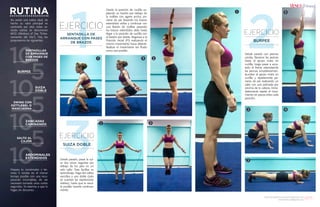 {86}www.revistavenuscuba.wordpress.com
revistavenus@gmail.com {87}www.revistavenuscuba.wordpress.com
revistavenus@gmail.com
Desde la posición de cuclilla su-
jetando un bastón por debajo de
la rodillas con agarre ancho, po-
nerse de pie llevando los brazos
extendidos arriba y continuar con
una flexión de rodillas pasando
los brazos extendidos atrás hasta
llegar a la posición de cuclilla con
el bastón por detrás. Regresar a la
Posición Inicial (PI) realizando el
mismo movimiento hacia delante.
Realizar el movimiento tan fluido
como sea posible.
1
3Desde parado, pasar la sui-
za dos veces seguidas por
debajo de los pies en un
solo salto. Para facilitar su
aprendizaje, haga dos saltos
sencillos y uno doble (solo
se cuentan las repeticiones
dobles), hasta que le resul-
te posible hacerlo continua-
mente.
RUTINA
SENTADILLA DE
ARRANQUE CON PASES
DE BRAZOS
SUIZA DOBLE
No existe una rutina ideal, de
hecho su valor principal es
cambiarla por otra; estas va-
riadas rutinas se denominan
WOD (Workout of Day “Entre-
namiento del Día”). Hoy les
proponemos las siguientes:
Prepara tu cronómetro y ter-
mina 5 rondas en el menor
tiempo posible con una recu-
peración incompleta, de ser
necesario tomarás unos cortos
segundos. Te retamos a que lo
hagas sin descanso.
10
10
10
10
5
5
5
SENTADILLAS
DE ARRANQUE
CON PASES DE
BRAZOS
SWING CON
KETTLEBEL O
MANCUERNA
SALTO AL
CAJÓN
BURPEE
SUIZA
DOBLE
ZANCADAS
CAMINANDO
ABDOMINALES
EXTENDIDOS
EJERCICIO
EJERCICIO
1
1
3 2
2
2Desde parado con piernas
unidas, flexionar las piernas
hasta el apoyo mixto en
cuclilla, luego pasar a acos-
tado al frente extendiendo
las piernas simultáneamen-
te,volver al apoyo mixto en
cuclilla y rápidamente po-
nerse de pie realizando un
salto con una palmada por
encima de la cabeza. Inme-
diatamente repetir el movi-
miento sin pausa entre cada
posición.
BURPEE
EJERCICIO
1
2
3
4
5
{Fitness}
 