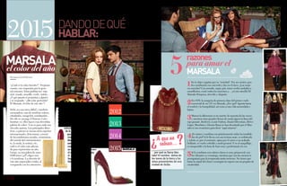 {14}www.revistavenuscuba.wordpress.com
revistavenus@gmail.com {15}www.revistavenuscuba.wordpress.com
revistavenus@gmail.com
PANTONE 17-1463
TANGERINE TANGO
PANTONE 17-5641
EMERALD
PANTONE 18-3224
RADIANT ORCHID
PANTONE 18-1438
MARSALA
2012
2013
2014
2015
DANDODEQUÉ
HABLAR:
el color del año
“¿Cuál es tu color favorito?”. Pregunta
común, con respuestas por lo gene-
ral comunes. Estas podrían ser: rojo,
azul, rosado, amarillo, verde, violeta…
¿Y qué pasaría si preguntas a alguien
y te responde: “¿Mi color preferido?
El Marsala, el color de este año”?
Debe ser una tarea difícil, y también
encantadora, esta de nombrar colores,
estudiarlos, escogerlos, combinarlos…
De ello se encarga el Pantone Color
Institute (sí, ellos hacen esas divertidas
paletas de color). Y no es para nada una
elección azarosa. Los principales direc-
tivos, a quienes se suman otros expertos
internacionales, determinan, a través
de las condiciones sociales, económicas,
del mundo del entretenimien-
to, la moda, la música, etc.,
cuál es el color más adecua-
do para representar un año.
Luego, en una paleta de unos
2100 tonos (¡uf!) eligen uno
y lo nombran. La elección de
este año sorprendió a todos, al
compararlo con los anteriores.
Sobre este, Leatrice Eiseman, directora
ejecutiva de Pantone, comentó: “Su
matiz de buen gusto encarna la riqueza
satisfactoria de una comida saciante, a
la vez que de sus raíces de color marrón
rojizo emana una terrenidad sofisticada
y neutral”. El público, no obstante, no
entendió a la primera la elección
de la firma. Algunos alegaron
que mientras los anteriores
eran vibrantes y modernos,
Marsala es serio y opaco. Pero
ante todo, este tono habla de
confort, confianza y energía,
ya que en él van de la mano
el rojo y el marrón, según
el criterio de Carola
Seybold, directora de
Pantone Europa.
MARSALA
2015
Por Laura Carril Herrera
1No te dejes engañar por su “seriedad”. Por ser neutro, pue-
des combinarlo con casi todo y dar en el clavo. ¿Las mejo-
res mezclas? Con morado, caqui, gris, tonos verdes azulados o
amarillentos, coral, todos los marrones y… ¡el mix estrella! El
Marsala-Turquesa, atrevido y elegante.
2En 1970, la moqueta de primera clase del primer vuelo
comercial de un 747 era Marsala. ¿Por qué? Apunta hacia
el confort y la tranquilidad, así como a una vida acomodada y
lujosa.
3Marcar la diferencia es un acierto (la mayoría de las veces),
y mientras otras grandes firmas de moda siguen la línea del
rojo granate, Burberry, Louis Vuitton, Daniel Silverstain, Hérve
Léger, Moschino y Dennis Basso se han decantado por el Mar-
sala en sus creaciones para decir “aquí estamos”.
4¡Es unisex y combina con prácticamente todas las tonalida-
des de piel! Si lo llevas con una textura mate, es sofisticado
y sobrio; si, por el contrario, optas por el cuero o un acabado
brillante, se vuelve rebelde y underground. Y en el maquillaje,
es insuperable a la hora de lucir sexy y profesional a la vez.
5Si lo combinas con colores claros es muy primaveral, con
los vibrantes es veraniego, mientras que con los oscuros te
acompañará para la temporada otoño-invierno. No tienes que
botar la mitad del closet: recompón tu ropero con un poquito de
creatividad.
razones
para amar el
MARSALA5
…por qué se llama Mar-
sala? El nombre deriva de
los tonos de la tierra y los
vinos provenientes de una
ciudad de Sicilia.
¿A que no
sabías...?
 