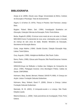 BIBLIOGRAFIA

 Araújo et al. (2008). Estudo caso. Braga: Universidade do Minho. Instituto
 de Educação e Psicologia. Tese de doutoramento

 Argyris, C. & Schon, D. (1974). Theory in Practice. San Francisco: Jossey-
 Bass.

 Bogdan, Robert; Biklen, Sari. (1994). Investigação Qualitativa em
 Educação, Colecção Ciências da Educação, Porto: Porto Editora.

 Borba, Ângela M. (2006). O brincar como modo de ser e de estar. In: Brasil,
 MEC/SEB Ensino Fundamental de nove anos: orientações para a inclusão
 da criança de seis anos de idade. Brasilia: Ministério da Educação,
 Secretaria de Educação Básica.

 Costa, Jorge Adelino. (1994). Gestão Escolar, Coleção Educação Hoje,
 Lisboa: Texto Editora.

 Cury, Augusto. (1998). Inteligência Multifocal, São Paulo: Cultrix.

 Demo, Pedro. (1996). Educar pela Pesquisa. São Paulo/Campinas: Autores
 Associados.

 GRACOS-Grupo de Reflexão e Análise dos Colégios da Companhia de
 Jesus. (1994). Pedagogia Inaciana: Uma Abordagem Prática. Caldas da
 Saúde. CINFORINA.

 Hohmann, Mary, Banett, Bérnard, Weikart, DAVID P.(1995). A Criança em
 Acção. Lisboa: Fundação Calouste Gulbenkian.

 Hohmann, Mary; Weikart, David P. (2009). Educar a Criança. Lisboa:
 Fundação Calouste Gulbenkian.

 Machado, M. M. (2003). O brinquedo-sucata e a criança. São Paulo:
 Edições Loyola.

 Máximo-Esteves, L. (2008) Visão panorâmica da Investigação. Porto: Porto
 Editora.


                                                                         50
 
