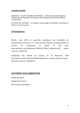 LEGISLAÇÃO

DECRETO – LEI Nº 240/2001 DE 30/8/2001 – Perfil Geral de Desempenho
Profissional do Educador de Infância e dos Professores dos Ensinos Básico
e Secundário

LEI n5/97 de 10/2/1997 – Lei Quadro da Educação Pré-escolar Lei-Quadro nº
5/97 de 10 de Fevereiro



SITOGRAFIA


Barreto,   José   (2010)    A    supervisão   pedagógica      nas        Actividades   de
Enriquecimento Curricular, no 1º Ciclo do Ensino Básico, num Agrupamento de
Escolas      de     umConcelho          do        distrito        de       Vila     Real.
www.repositorio.utad.pt/bitstream/10348/678/1/MsC_jmfdbarreto.pdf                  (última
visita em 14/06/2012)

Declaração    dos     Direitos    da   Criança,      de      20        Novembro,    1959
http://www.ie.uminho.pt/Uploads/NEDH/declaracao_universal_direitos_crianca.
pdf (última visita em 14/06/2012)




OUTROS DOCUMENTOS
Projeto Educativo

Regulamento Interno

Plano anual de atividades




                                                                                       52
 