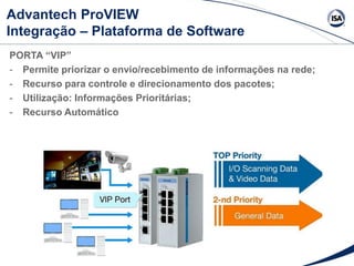 Advantech ProVIEW
Integração – Plataforma de Software
PORTA “VIP”
- Permite priorizar o envio/recebimento de informações na rede;
- Recurso para controle e direcionamento dos pacotes;
- Utilização: Informações Prioritárias;
- Recurso Automático
 