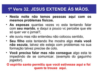 1º Vers 32. JESUS EXTENDE ÁS MÃOS.  Nesta noite não temos pessoas aqui com os mesmos problemas físicos. As   esposas  quantas vezes vc esta tentando falar com  seu marido , e daqui a pouco vc percebe que ele só quer ver o jornal?,  ele ouviu mas não entendeu não colocou sentido,  Seu filho  esta tentando lhe mostra algo  mais você não escuta , talvez ele esteja com problemas na sua formação talvez precise de colo.  Você precisa falar mas não consegue  algo esta te impedindo de se comunicar. (exemplo do gaguinho jogador). O espírito santo permitiu que você estivesse aqui e foi quem te trouxe  aqui. 