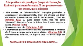 A importância do paradigma (mapa) de Formação
Espiritual para a transformação. É um processo e não
um evento, que é útil para:
Homens em
CriseRev.Ok.mp4
• Não morrer de “obsolescência” (Redução gradativa e
consequente desaparecimento. Cair em desuso ou ficar
antiquado. Amoldar-se ao padrão deste mundo, como em
Romanos 12:2) Eu quero perder minha vida não como
“obsoleto”. Mas pela Causa de Cristo. Pois é assim que eu a
ganho. (Mateus 10:39)
• Se renovar cada dia (2 Coríntios 5:17)
• Compromisso para deixar os ensinos elementares a respeito
de Cristo e avançar para a maturidade... (Hebreus 6:1) O
conhecimento humano, se duplica cada 18 meses hoje em
dia.
VAMOS ASISTIR E COMENTAR UM VIDEO AGORA....
 