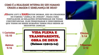 COMO É A REALIDADE INTERNA DO SER HUMANO
CRIADO A IMAGEM E SEMELHANÇA DE DEUS?
JOSEPH LUFT E HARINGTON INGMAN, SÃO OS CRIADORES
DO FAMOSA “JANELA DE JOHARI”, USADA PARA
FORTALECER AS RELAÇÕES INTERPESSOAIS EM TODAS
CIRCUNSTANCIAS. ELES PESQUISARAM E DESCOBRIRAM
QUE TODOS OS SERES HUMANOS TEMOS PELO MENOS AS
SEGUINTES JANELAS:
JANELA ABERTA (Eu
aberto) Conhecido
por mim e os outros)
JANELA CEGA (Eu
cego) Desconhecido
por mim e conhecido
pelos outros)
JANELA OCULTA
(Eu oculto)
conhecido por mim e
desconhecido pelos
outros)
JANELA
DESCONHECIDA
(Eu desconhecido)
Desconhecido por mim
e pelos outros)
1 Corintíos
15:10
Efésios
5:14
Filipenses
3:12
Mateus
5:16
VIDA PLENA E
TRANSPARENTE,
OBRA DE DEUS
(Salmos 139:13-14)
 