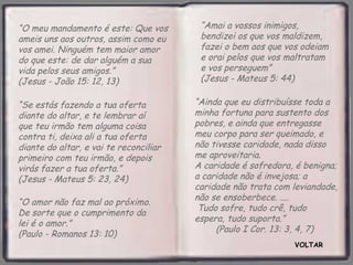 “O meu mandamento é este: Que vos        “Amai a vossos inimigos,
ameis uns aos outros, assim como eu      bendizei os que vos maldizem,
vos amei. Ninguém tem maior amor         fazei o bem aos que vos odeiam
do que este: de dar alguém a sua         e orai pelos que vos maltratam
vida pelos seus amigos.”                 e vos perseguem”
(Jesus - João 15: 12, 13)                (Jesus - Mateus 5: 44)

“Se estás fazendo a tua oferta          “Ainda que eu distribuísse toda a
diante do altar, e te lembrar aí        minha fortuna para sustento dos
que teu irmão tem alguma coisa          pobres, e ainda que entregasse
contra ti, deixa ali a tua oferta       meu corpo para ser queimado, e
diante do altar, e vai te reconciliar   não tivesse caridade, nada disso
primeiro com teu irmão, e depois        me aproveitaria.
virás fazer a tua oferta.”              A caridade é sofredora, é benigna;
(Jesus - Mateus 5: 23, 24)              a caridade não é invejosa; a
                                        caridade não trata com leviandade,
                                        não se ensoberbece. ....
“O amor não faz mal ao próximo.
                                         Tudo sofre, tudo crê, tudo
De sorte que o cumprimento da
                                        espera, tudo suporta.”
lei é o amor.”
                                             (Paulo I Cor. 13: 3, 4, 7)
(Paulo - Romanos 13: 10)
                                                               VOLTAR
 