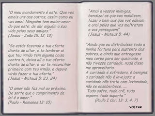 VOLTAR “ O meu mandamento é este: Que vos ameis uns aos outros, assim como eu vos amei. Ninguém tem maior amor do que este: de dar alguém a sua vida pelos seus amigos.”  (Jesus - João 15: 12, 13) “ Ainda que eu distribuísse toda a minha fortuna para sustento dos pobres, e ainda que entregasse meu corpo para ser queimado, e não tivesse caridade, nada disso me aproveitaria.  A caridade é sofredora, é benigna; a caridade não é invejosa; a caridade não trata com leviandade, não se ensoberbece. ....  Tudo sofre, tudo crê, tudo espera, tudo suporta.”  (Paulo I Cor. 13: 3, 4, 7) “ Amai a vossos inimigos, bendizei os que vos maldizem, fazei o bem aos que vos odeiam e orai pelos que vos maltratam e vos perseguem”  (Jesus - Mateus 5: 44) “ O amor não faz mal ao próximo. De sorte que o cumprimento da lei é o amor.”  (Paulo - Romanos 13: 10) “ Se estás fazendo a tua oferta diante do altar, e te lembrar aí que teu irmão tem alguma coisa contra ti, deixa ali a tua oferta diante do altar, e vai te reconciliar primeiro com teu irmão, e depois virás fazer a tua oferta.”  (Jesus - Mateus 5: 23, 24) 