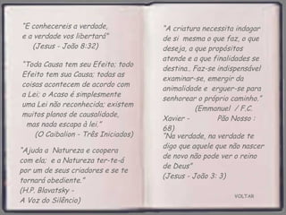 VOLTAR “ E conhecereis a verdade,  e a verdade vos libertará”  (Jesus - João 8:32) “ Ajuda a  Natureza e coopera com ela;  e a Natureza ter-te-á por um de seus criadores e se te tornará obediente.”  (H.P. Blavatsky -  A Voz do Silêncio) “ Toda Causa tem seu Efeito; todo Efeito tem sua Causa; todas as coisas acontecem de acordo com  a Lei; o Acaso é simplesmente  uma Lei não reconhecida; existem muitos planos de causalidade,  mas nada escapa à lei.”  (O Caibalion - Três Iniciados) “ A criatura necessita indagar de si  mesma o que faz, o que deseja, a que propósitos atende e a que finalidades se destina.. Faz-se indispensável examinar-se, emergir da animalidade e  erguer-se para senhorear o próprio caminho.”  (Emmanuel  / F.C. Xavier -  Pão Nosso : 68) “ Na verdade, na verdade te digo que aquele que não nascer de novo não pode ver o reino de Deus”  (Jesus - João 3: 3) 