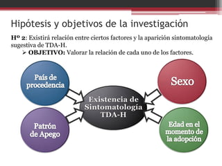 Hipótesis y objetivos de la investigación
Hº 2: Existirá relación entre ciertos factores y la aparición sintomatología
sugestiva de TDA-H.
     OBJETIVO: Valorar la relación de cada uno de los factores.
 