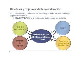 Hipótesis y objetivos de la investigación
Hº 2: Existe relación entre ciertos factores y la aparición sintomatología
sugestiva de TDA-H
       OBJETIVO: Valorar la relación de cada uno de los factores



     País de
   procedencia                                              Sexo



       Patrón                                              Edad en el
         de                                               momento de
       Apego                                              la adopción
 