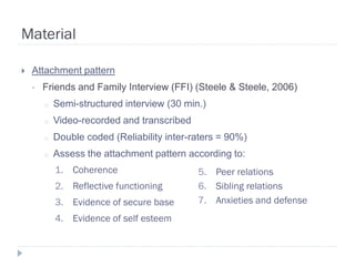Material

   Attachment pattern
    •   Friends and Family Interview (FFI) (Steele & Steele, 2006)
        o   Semi-structured interview (30 min.)
        o   Video-recorded and transcribed
        o   Double coded (Reliability inter-raters = 90%)
        o   Assess the attachment pattern according to:
            1. Coherence                     5. Peer relations
            2. Reflective functioning        6. Sibling relations
            3. Evidence of secure base       7. Anxieties and defense
            4. Evidence of self esteem
 