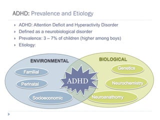 ADHD: Prevalence and Etiology
   ADHD: Attention Deficit and Hyperactivity Disorder
   Defined as a neurobiological disorder
   Prevalence: 3 – 7% of children (higher among boys)
   Etiology:


         ENVIRONMENTAL                     BIOLOGICAL




                           ADHD
 