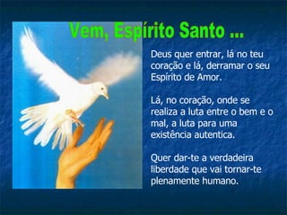 Deus quer entrar, lá no teu coração e lá, derramar o seu Espírito de Amor. Lá, no coração, onde se realiza a luta entre o bem e o mal, a luta para uma existência autentica. Quer dar-te a verdadeira liberdade que vai tornar-te plenamente humano.  Vem, Espírito Santo ... 