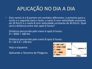 APLICAÇÃO NO DIA A DIA
• Dois navios A e B partem em sentidos diferentes: o primeiro para o
norte e o segundo para o leste, o navio A com velocidade constante
de 30 Km/h e o navio B com velocidade constante de 40 Km/h. Qual
será a distância entre eles após 6 horas?
Distância percorrida pelo navio A após 6 horas:
D = 30X6 = 180 Km
Distância percorrida pelo navio B após 6 horas:
D = 40 X 6 = 240 Km
Veja o esquema:
Aplicando o Teorema de Pitágoras
 