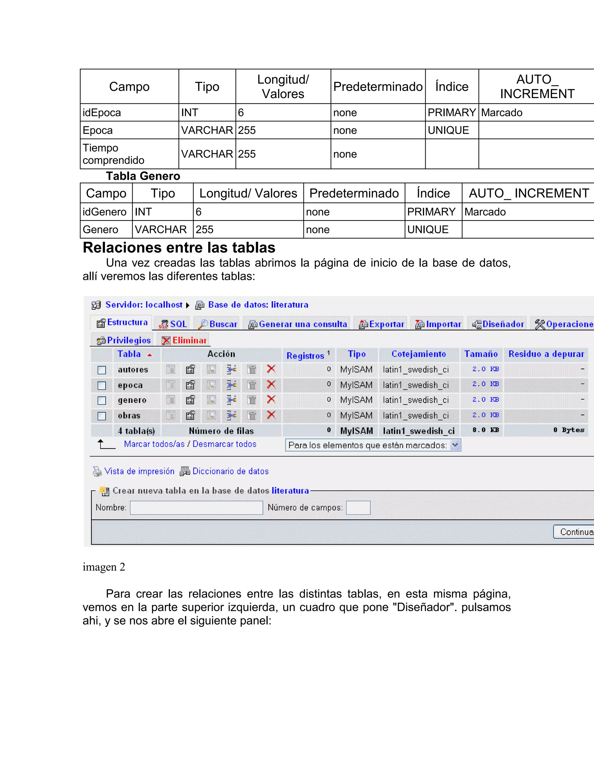 Longitud/                                   AUTO_
     Campo             Tipo                         Predeterminado Índice
                                      Valores                                  INCREMENT
idEpoca              INT         6                  none          PRIMARY Marcado
Epoca                VARCHAR 255                    none          UNIQUE
Tiempo
                     VARCHAR 255                    none
comprendido
    Tabla Genero
Campo         Tipo         Longitud/ Valores Predeterminado     Índice      AUTO_ INCREMENT
idGenero INT           6                     none              PRIMARY Marcado
Genero     VARCHAR 255                       none              UNIQUE
Relaciones entre las tablas
      Una vez creadas las tablas abrimos la página de inicio de la base de datos,
allí veremos las diferentes tablas:




imagen 2

     Para crear las relaciones entre las distintas tablas, en esta misma página,
vemos en la parte superior izquierda, un cuadro que pone "Diseñador". pulsamos
ahi, y se nos abre el siguiente panel:
 
