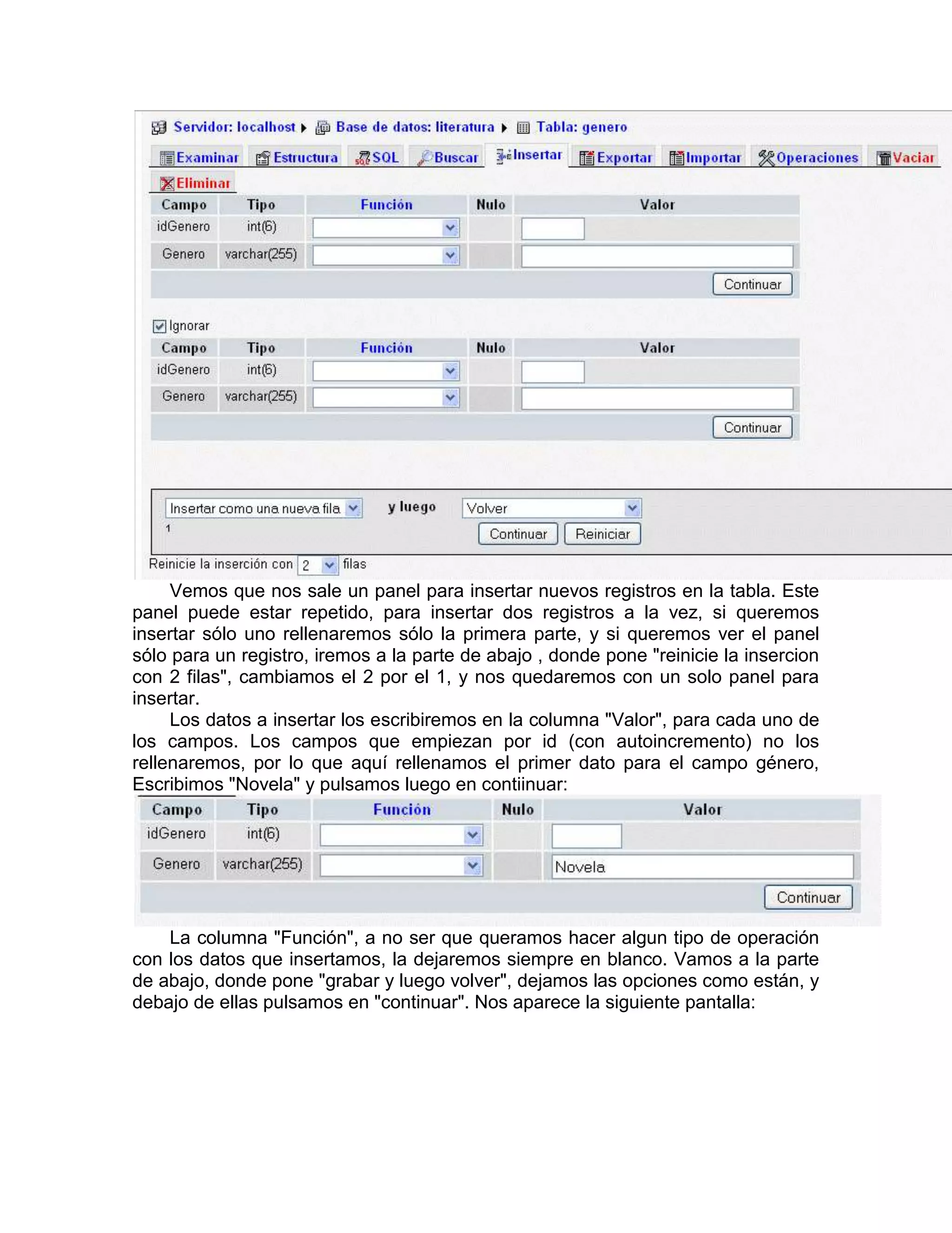 Vemos que nos sale un panel para insertar nuevos registros en la tabla. Este
panel puede estar repetido, para insertar dos registros a la vez, si queremos
insertar sólo uno rellenaremos sólo la primera parte, y si queremos ver el panel
sólo para un registro, iremos a la parte de abajo , donde pone "reinicie la insercion
con 2 filas", cambiamos el 2 por el 1, y nos quedaremos con un solo panel para
insertar.
     Los datos a insertar los escribiremos en la columna "Valor", para cada uno de
los campos. Los campos que empiezan por id (con autoincremento) no los
rellenaremos, por lo que aquí rellenamos el primer dato para el campo género,
Escribimos "Novela" y pulsamos luego en contiinuar:




    La columna "Función", a no ser que queramos hacer algun tipo de operación
con los datos que insertamos, la dejaremos siempre en blanco. Vamos a la parte
de abajo, donde pone "grabar y luego volver", dejamos las opciones como están, y
debajo de ellas pulsamos en "continuar". Nos aparece la siguiente pantalla:
 