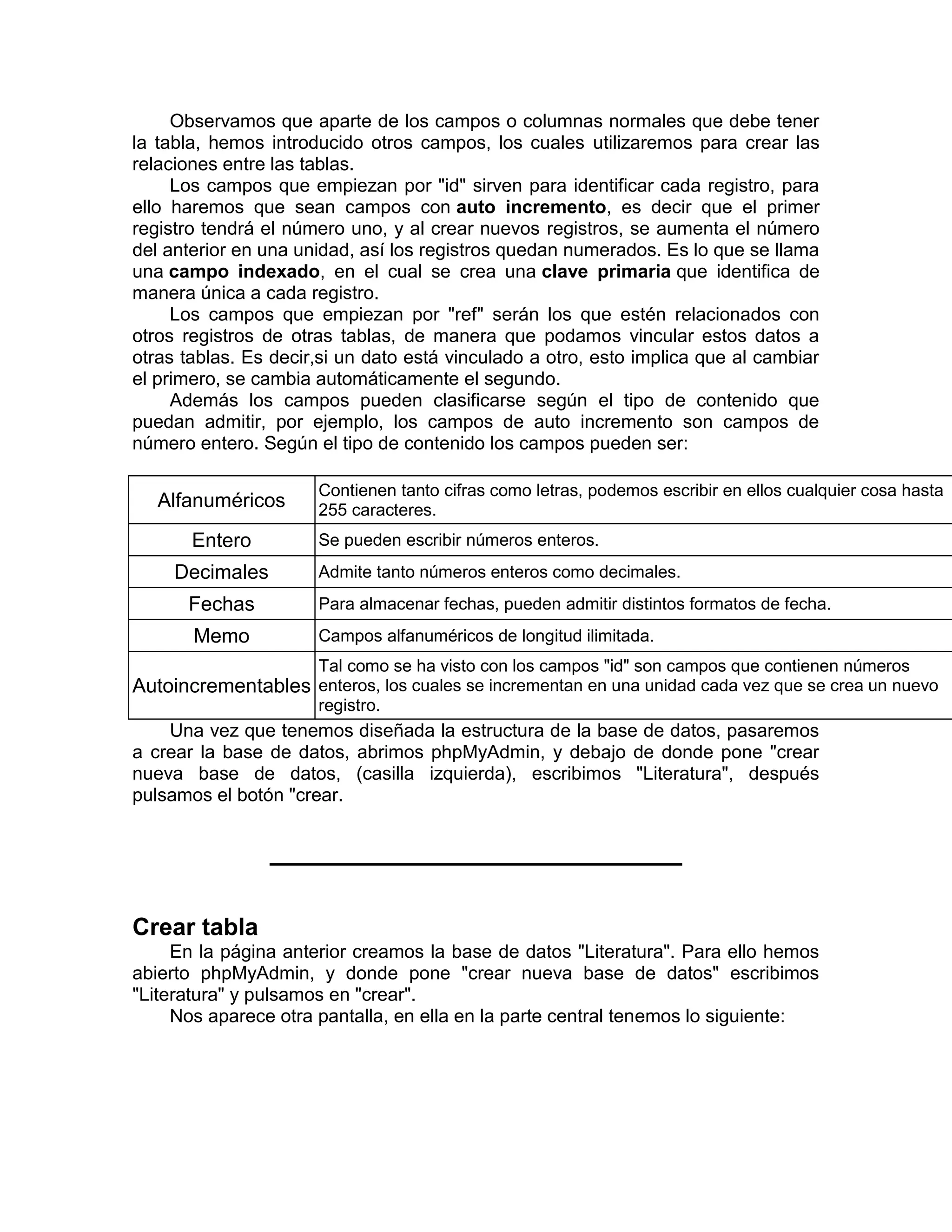 Observamos que aparte de los campos o columnas normales que debe tener
la tabla, hemos introducido otros campos, los cuales utilizaremos para crear las
relaciones entre las tablas.
     Los campos que empiezan por "id" sirven para identificar cada registro, para
ello haremos que sean campos con auto incremento, es decir que el primer
registro tendrá el número uno, y al crear nuevos registros, se aumenta el número
del anterior en una unidad, así los registros quedan numerados. Es lo que se llama
una campo indexado, en el cual se crea una clave primaria que identifica de
manera única a cada registro.
     Los campos que empiezan por "ref" serán los que estén relacionados con
otros registros de otras tablas, de manera que podamos vincular estos datos a
otras tablas. Es decir,si un dato está vinculado a otro, esto implica que al cambiar
el primero, se cambia automáticamente el segundo.
     Además los campos pueden clasificarse según el tipo de contenido que
puedan admitir, por ejemplo, los campos de auto incremento son campos de
número entero. Según el tipo de contenido los campos pueden ser:

                      Contienen tanto cifras como letras, podemos escribir en ellos cualquier cosa hasta
   Alfanuméricos      255 caracteres.
       Entero         Se pueden escribir números enteros.
     Decimales        Admite tanto números enteros como decimales.
      Fechas          Para almacenar fechas, pueden admitir distintos formatos de fecha.
       Memo           Campos alfanuméricos de longitud ilimitada.
                   Tal como se ha visto con los campos "id" son campos que contienen números
Autoincrementables enteros, los cuales se incrementan en una unidad cada vez que se crea un nuevo
                   registro.
    Una vez que tenemos diseñada la estructura de la base de datos, pasaremos
a crear la base de datos, abrimos phpMyAdmin, y debajo de donde pone "crear
nueva base de datos, (casilla izquierda), escribimos "Literatura", después
pulsamos el botón "crear.




Crear tabla
     En la página anterior creamos la base de datos "Literatura". Para ello hemos
abierto phpMyAdmin, y donde pone "crear nueva base de datos" escribimos
"Literatura" y pulsamos en "crear".
     Nos aparece otra pantalla, en ella en la parte central tenemos lo siguiente:
 