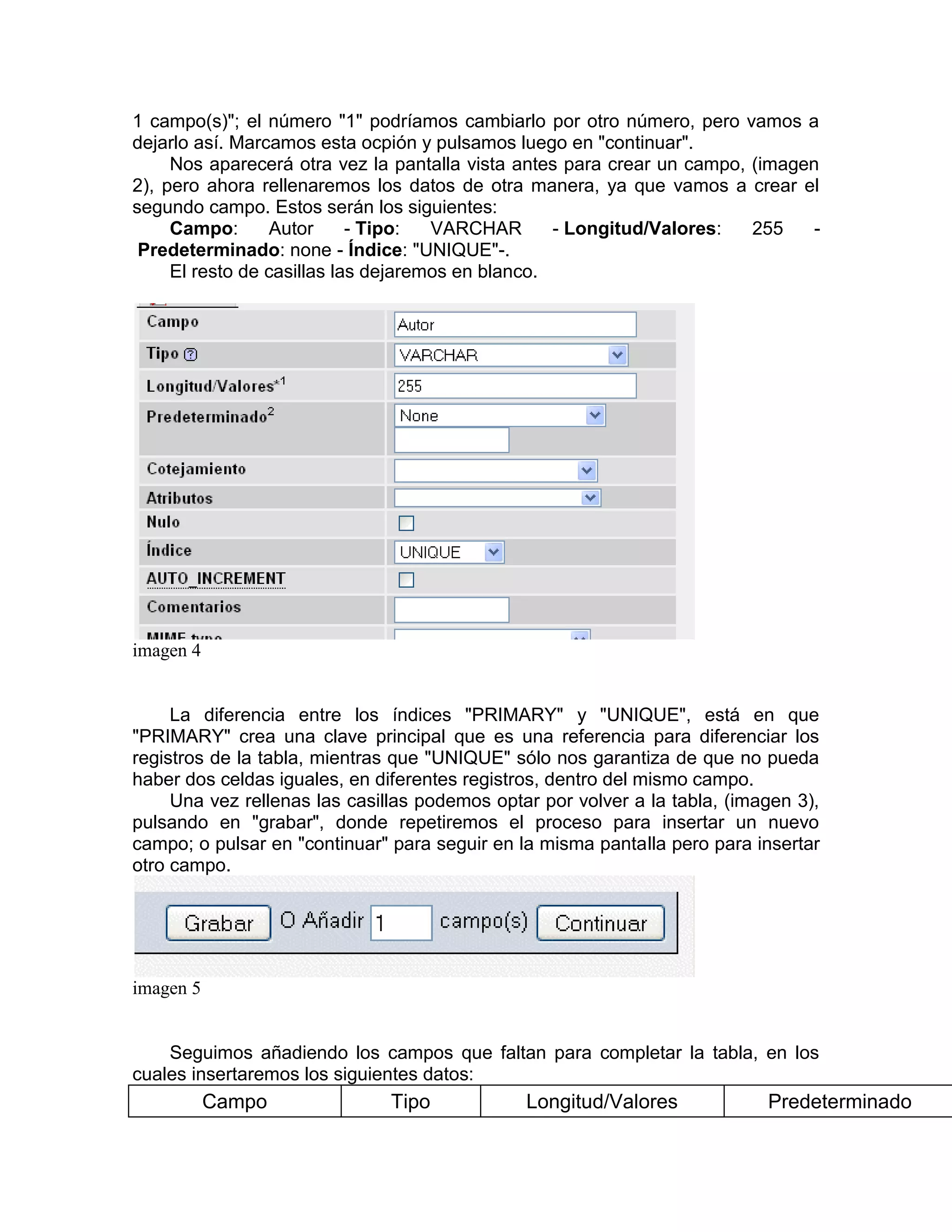 1 campo(s)"; el número "1" podríamos cambiarlo por otro número, pero vamos a
dejarlo así. Marcamos esta ocpión y pulsamos luego en "continuar".
     Nos aparecerá otra vez la pantalla vista antes para crear un campo, (imagen
2), pero ahora rellenaremos los datos de otra manera, ya que vamos a crear el
segundo campo. Estos serán los siguientes:
     Campo:       Autor     - Tipo:  VARCHAR       - Longitud/Valores:   255    -
 Predeterminado: none - Índice: "UNIQUE"-.
     El resto de casillas las dejaremos en blanco.




imagen 4


     La diferencia entre los índices "PRIMARY" y "UNIQUE", está en que
"PRIMARY" crea una clave principal que es una referencia para diferenciar los
registros de la tabla, mientras que "UNIQUE" sólo nos garantiza de que no pueda
haber dos celdas iguales, en diferentes registros, dentro del mismo campo.
     Una vez rellenas las casillas podemos optar por volver a la tabla, (imagen 3),
pulsando en "grabar", donde repetiremos el proceso para insertar un nuevo
campo; o pulsar en "continuar" para seguir en la misma pantalla pero para insertar
otro campo.




imagen 5


    Seguimos añadiendo los campos que faltan para completar la tabla, en los
cuales insertaremos los siguientes datos:
           Campo               Tipo            Longitud/Valores             Predeterminado
 