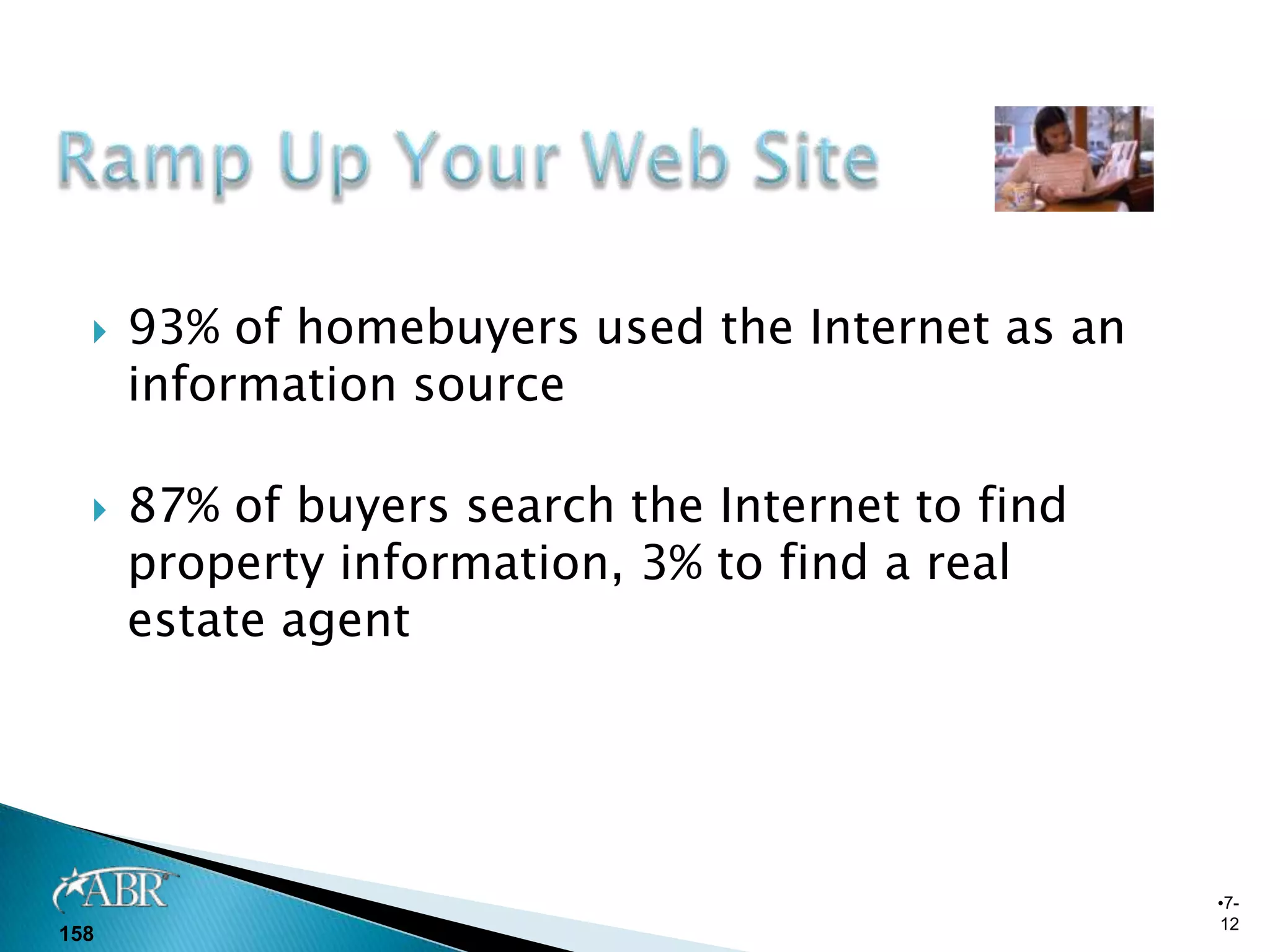    93% of homebuyers used the Internet as an
      information source

     87% of buyers search the Internet to find
      property information, 3% to find a real
      estate agent




                                                  •7-
                                                  12
158
 
