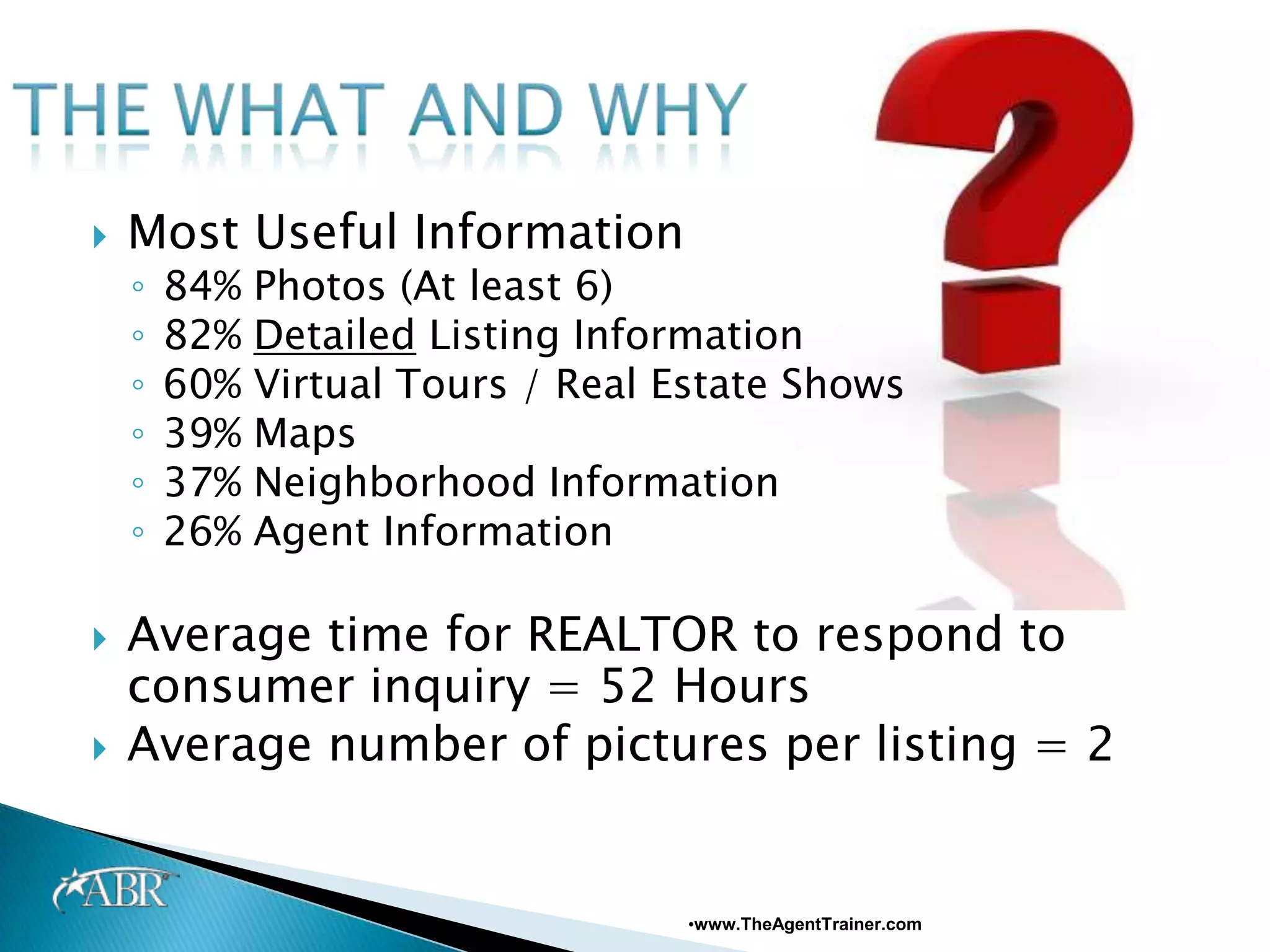    Most Useful Information
    ◦   84%   Photos (At least 6)
    ◦   82%   Detailed Listing Information
    ◦   60%   Virtual Tours / Real Estate Shows
    ◦   39%   Maps
    ◦   37%   Neighborhood Information
    ◦   26%   Agent Information

   Average time for REALTOR to respond to
    consumer inquiry = 52 Hours
   Average number of pictures per listing = 2


                                   •www.TheAgentTrainer.com
 