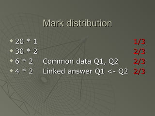 Mark distribution
 20 * 1                          1/3
 30 * 2                          2/3
 6 * 2  Common data Q1, Q2       2/3
 4 * 2  Linked answer Q1 <- Q2   2/3
 