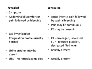 revealed
• Symptom
• Abdominal discomfort or
pain followed by bleeding
• Lab investigation
• Coagulation profile- usually
normal
• Urine protine- may be
absent
• USS – no retroplacenta clot
concealed
• Acute intense pain followed
by vaginal bleeding
• Pain may be continuous
• PE may be present
• CT –prolonged, increased
FDP , reduced platelet ,
decreased fibrinogen
• Usually present
• Usually present
 