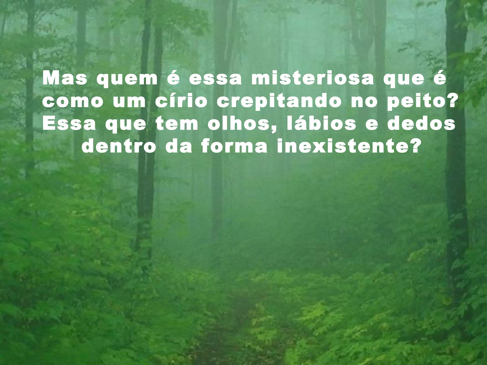 Mas quem é essa misteriosa que é
como um círio crepitando no peito?
Essa que tem olhos, lábios e dedos
dentro da forma inexistente?