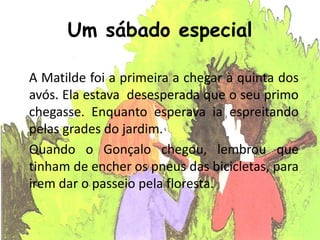 Um sábado especial
A Matilde foi a primeira a chegar à quinta dos
avós. Ela estava desesperada que o seu primo
chegasse. Enquanto esperava ia espreitando
pelas grades do jardim.
Quando o Gonçalo chegou, lembrou que
tinham de encher os pneus das bicicletas, para
irem dar o passeio pela floresta.
 