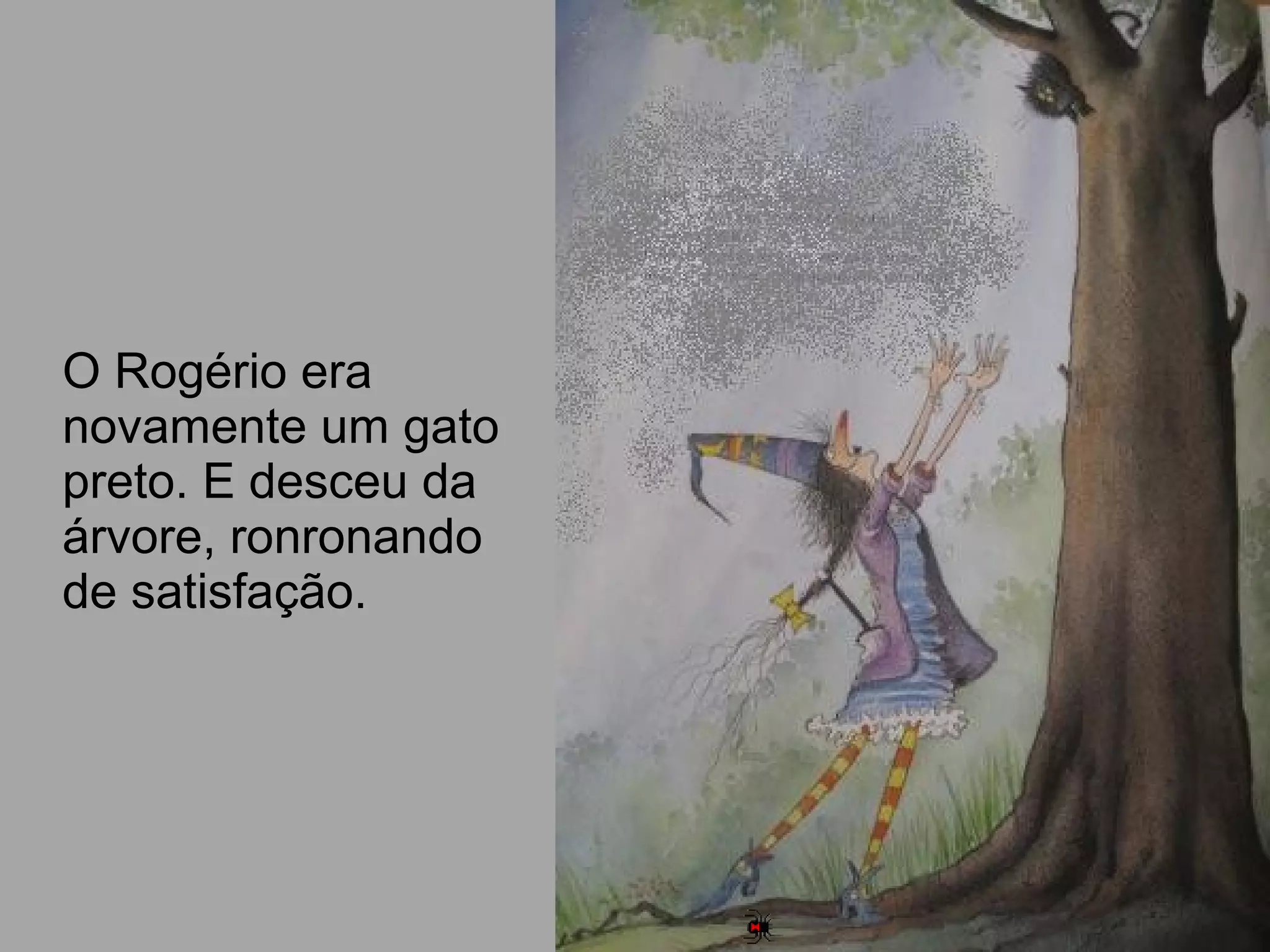 O Rogério era
novamente um gato
preto. E desceu da
árvore, ronronando
de satisfação.
 