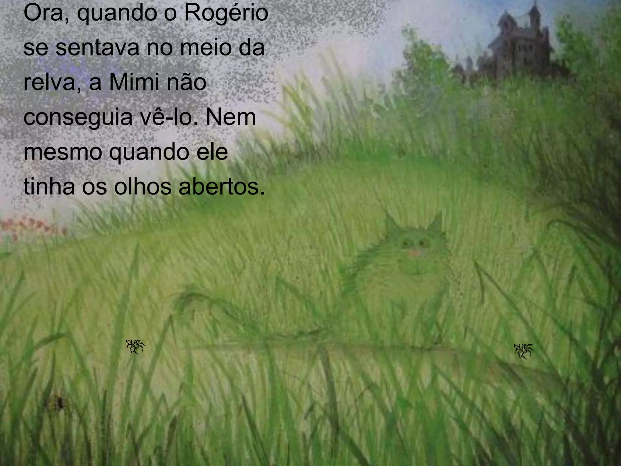 Ora, quando o Rogério
se sentava no meio da
relva, a Mimi não
conseguia vê-lo. Nem
mesmo quando ele
tinha os olhos abertos.

 