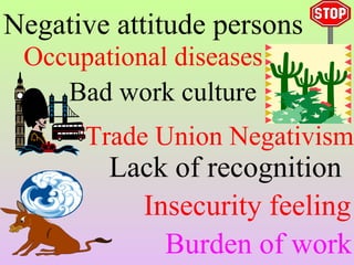 Bad work culture
Lack of recognition
Insecurity feeling
Burden of work
Negative attitude persons
Trade Union Negativism
Occupational diseases
 