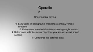 Operatio
n
Under normal driving
 ESC works in background- monitors steering & vehicle
direction
 Determines intended direction – steering angle sensor
 Determines vehicle’s actual direction- yaw sensor- wheel speed
sensors
 Compares the obtained data
 