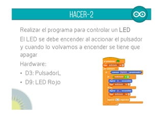 Realizar el programa para controlar un LED
El LED se debe encender al accionar el pulsador
y cuando lo volvamos a presionar se tiene que
apagar
Hardware:
•  D3: Pulsador Derecho
•  D9: LED Rojo
HACER-2
 