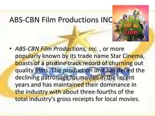 ABS-CBN Film Productions INC,.


• ABS-CBN Film Productions, Inc. , or more
  popularly known by its trade name Star Cinema,
  boasts of a pristine track record of churning out
  quality films. The production unit has defied the
  declining patronage for movies in the recent
  years and has maintained their dominance in
  the industry with about three-fourths of the
  total industry's gross receipts for local movies.
 