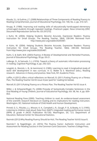 23 FLUÊNCIA DE LEITURA
Klauda, S.L. & Guthrie, J.T. (2008) Relationships of Three Components of Reading Fluency to
Reading Comprehension, Journal of Educational Psychology, Vol. 100, No. 2, pp. 310–321.
Knupp, R. (1988). Improving oral reading skills of educationally handicapped elementary
school-aged students through repeated readings. Practicum paper, Nova University (ERIC
Document Reproduction Service No. ED 297275).
v Kuhn, M. (2004). Helping Students Become Accurate, Expressive Readers: Fluency
Instruction for Small Groups. The Reading Teacher, 58(4), 338-344. Retrieved from
http://www.jstor.org/stable/20205487.
vi Kuhn, M. (2004). Helping Students Become Accurate, Expressive Readers: Fluency
Instruction for Small Groups. The Reading Teacher, 58(4), 338-344. Retrieved
from http://www.jstor.org/stable/20205487.
Kuhn, S. & Stahl, M.R. (2003) Fluency: A Review of Developmental and Remedial Practices,
Journal of Educational Psychology, 95 pp. 03-21.
LaBerge, D., & Samuels, S. J. (1974). Toward a theory of automatic information processing
in reading. Cognitive Psychology, 6, pp. 292–323.
Lesgold, A., Resnick, L. B., & Hammond, K. (1985). Learning to read: A longitudinal study of
word skill development in two curricula. In G. Waller & E. MacKinon (eds.), Reading
research: Advances in theory and practice. New York, NY: Academic Press.
Lofflin, K (2012) offers critical reflections on Marcell, B. (2011) Putting Fluency on a Fitness
Plan, The Reading Teacher Vol 65 issue 4 (see ‘paid for’ reading list below).
Marcell, B. (2011) Putting Fluency on a Fitness Plan, The Reading Teacher Vol 65 issue 4.
Miller, J. & Schwanenflugel, P.J. (2006) Prosody of Syntactically Complex Sentences in the
Oral Reading of Young Children, Journal of Educational Psychology, Vol. 98, No. 4, pp. 839–
853.
National Reading Pane (2000). Teaching children to read: An evidence-based assessment
of the scientific research literature on reading and its implications for reading instruction.
Washington, DC: National Institute of Child Health and Human Development.
Pinnell, G. S., Pikulski, J. J., Wixson, K. K., Campbell, J. R., Gough, P. B., & Beatty, A. S. (1995).
Listening to children read aloud: Data from NAEP's integrated reading performance record
(IRPR) at grade 4 (NCES Publication 95-726). Washington, DC: U.S. Department of
Education, National Center for Educational Statistics.
Rasinski (2012) Why Reading Fluency Should be Hot!, The Reading Teacher Vol 65 Issue 8.
Rasinski,T. & Nageldinger, J.K. (2016) The Fluency Factor: Authentic Instruction and
Assessment for Reading Success in the Common Core Classroom, Teachers College Press.
 