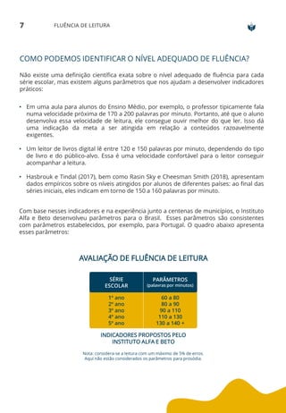 7 FLUÊNCIA DE LEITURA
COMO PODEMOS IDENTIFICAR O NÍVEL ADEQUADO DE FLUÊNCIA?
Não existe uma definição científica exata sobre o nível adequado de fluência para cada
série escolar, mas existem alguns parâmetros que nos ajudam a desenvolver indicadores
práticos:
• Em uma aula para alunos do Ensino Médio, por exemplo, o professor tipicamente fala
numa velocidade próxima de 170 a 200 palavras por minuto. Portanto, até que o aluno
desenvolva essa velocidade de leitura, ele consegue ouvir melhor do que ler. Isso dá
uma indicação da meta a ser atingida em relação a conteúdos razoavelmente
exigentes.
• Um leitor de livros digital lê entre 120 e 150 palavras por minuto, dependendo do tipo
de livro e do público-alvo. Essa é uma velocidade confortável para o leitor conseguir
acompanhar a leitura.
• Hasbrouk e Tindal (2017), bem como Rasin Sky e Cheesman Smith (2018), apresentam
dados empíricos sobre os níveis atingidos por alunos de diferentes países: ao final das
séries iniciais, eles indicam em torno de 150 a 160 palavras por minuto.
Com base nesses indicadores e na experiência junto a centenas de municípios, o Instituto
Alfa e Beto desenvolveu parâmetros para o Brasil. Esses parâmetros são consistentes
com parâmetros estabelecidos, por exemplo, para Portugal. O quadro abaixo apresenta
esses parâmetros:
1º ano
2º ano
3º ano
4º ano
5º ano
60 a 80
80 a 90
90 a 110
110 a 130
130 a 140 +
SÉRIE
ESCOLAR
PARÂMETROS
(palavras por minutos)
Nota: considera-se a leitura com um máximo de 5% de erros.
Aqui não estão considerados os parâmetros para prosódia.
AVALIAÇÃO DE FLUÊNCIA DE LEITURA
INDICADORES PROPOSTOS PELO
INSTITUTO ALFA E BETO
 
