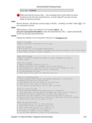Advanced Bash-Scripting Guide

             bash$ rm ./-badname


             When used with the recursive flag -r, this command removes files all the way down
             the directory tree from the current directory. A careless rm -rf * can wipe out a big
             chunk of a directory structure.
rmdir
        Remove directory. The directory must be empty of all files -- including "invisible" dotfiles [62] -- for
        this command to succeed.
mkdir
        Make directory, creates a new directory. For example, mkdir -p
        project/programs/December creates the named directory. The -p option automatically
        creates any necessary parent directories.
chmod
        Changes the attributes of an existing file or directory (see Example 14-14).

        chmod +x filename
        # Makes "filename" executable for all users.

        chmod u+s filename
        # Sets "suid" bit on "filename" permissions.
        # An ordinary user may execute "filename" with same privileges as the file's owner.
        # (This does not apply to shell scripts.)

        chmod 644 filename
        # Makes "filename" readable/writable to owner, readable to others
        # (octal mode).

        chmod 444 filename
        # Makes "filename" read-only for all.
        # Modifying the file (for example, with a text editor)
        #+ not allowed for a user who does not own the file (except for root),
        #+ and even the file owner must force a file-save
        #+ if she modifies the file.
        # Same restrictions apply for deleting the file.

        chmod 1777 directory-name
        # Gives everyone read, write, and execute permission in directory,
        #+ however also sets the "sticky bit".
        # This means that only the owner of the directory,
        #+ owner of the file, and, of course, root
        #+ can delete any particular file in that directory.

        chmod 111 directory-name
        # Gives everyone execute-only permission in a directory.
        # This means that you can execute and READ the files in that directory
        #+ (execute permission necessarily includes read permission
        #+ because you can't execute a file without being able to read it).
        # But you can't list the files or search for them with the "find" command.
        # These restrictions do not apply to root.

        chmod 000 directory-name
        # No permissions at all for that directory.
        # Can't read, write, or execute files in it.
        # Can't even list files in it or "cd" to it.
        # But, you can rename (mv) the directory
        #+ or delete it (rmdir) if it is empty.
        # You can even symlink to files in the directory,


Chapter 15. External Filters, Programs and Commands                                                          213
 