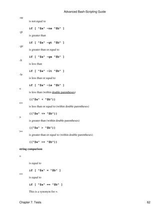 Advanced Bash-Scripting Guide
-ne
       is not equal to

       if [ "$a" -ne "$b" ]
-gt
       is greater than

       if [ "$a" -gt "$b" ]
-ge
       is greater than or equal to

       if [ "$a" -ge "$b" ]
-lt
       is less than

       if [ "$a" -lt "$b" ]
-le
       is less than or equal to

       if [ "$a" -le "$b" ]
<
       is less than (within double parentheses)

       (("$a" < "$b"))
<=
       is less than or equal to (within double parentheses)

       (("$a" <= "$b"))
>
       is greater than (within double parentheses)

       (("$a" > "$b"))
>=
       is greater than or equal to (within double parentheses)

       (("$a" >= "$b"))

string comparison

=

       is equal to

       if [ "$a" = "$b" ]
==
       is equal to

       if [ "$a" == "$b" ]

       This is a synonym for =.


Chapter 7. Tests                                                     62
 