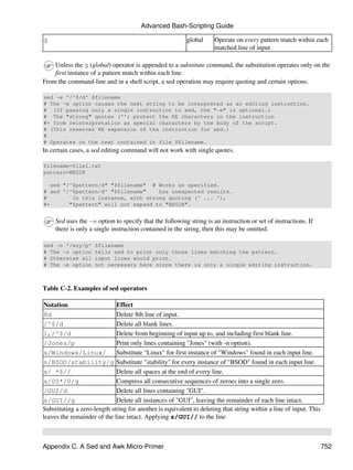 Advanced Bash-Scripting Guide

g                                                         global     Operate on every pattern match within each
                                                                     matched line of input

    Unless the g (global) operator is appended to a substitute command, the substitution operates only on the
    first instance of a pattern match within each line.
From the command-line and in a shell script, a sed operation may require quoting and certain options.

sed -e '/^$/d' $filename
# The -e option causes the next string to be interpreted as an editing instruction.
# (If passing only a single instruction to sed, the "-e" is optional.)
# The "strong" quotes ('') protect the RE characters in the instruction
#+ from reinterpretation as special characters by the body of the script.
# (This reserves RE expansion of the instruction for sed.)
#
# Operates on the text contained in file $filename.
In certain cases, a sed editing command will not work with single quotes.

filename=file1.txt
pattern=BEGIN

  sed "/^$pattern/d" "$filename" # Works as specified.
# sed '/^$pattern/d' "$filename"    has unexpected results.
#        In this instance, with strong quoting (' ... '),
#+      "$pattern" will not expand to "BEGIN".


     Sed uses the -e option to specify that the following string is an instruction or set of instructions. If
     there is only a single instruction contained in the string, then this may be omitted.

sed -n '/xzy/p'      $filename
# The -n option      tells sed to print only those lines matching the pattern.
# Otherwise all      input lines would print.
# The -e option      not necessary here since there is only a single editing instruction.



Table C-2. Examples of sed operators

Notation                     Effect
8d                           Delete 8th line of input.
/^$/d                        Delete all blank lines.
1,/^$/d                      Delete from beginning of input up to, and including first blank line.
/Jones/p                     Print only lines containing "Jones" (with -n option).
s/Windows/Linux/             Substitute "Linux" for first instance of "Windows" found in each input line.
s/BSOD/stability/g Substitute "stability" for every instance of "BSOD" found in each input line.
s/ *$//                      Delete all spaces at the end of every line.
s/00*/0/g                    Compress all consecutive sequences of zeroes into a single zero.
/GUI/d                       Delete all lines containing "GUI".
s/GUI//g                     Delete all instances of "GUI", leaving the remainder of each line intact.
Substituting a zero-length string for another is equivalent to deleting that string within a line of input. This
leaves the remainder of the line intact. Applying s/GUI// to the line



Appendix C. A Sed and Awk Micro-Primer                                                                             752
 