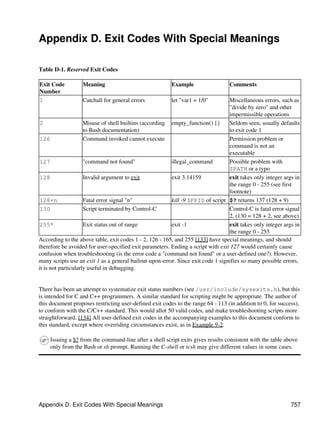 Appendix D. Exit Codes With Special Meanings

Table D-1. Reserved Exit Codes

Exit Code          Meaning                               Example                  Comments
Number
1                  Catchall for general errors           let "var1 = 1/0"         Miscellaneous errors, such as
                                                                                  "divide by zero" and other
                                                                                  impermissible operations
2                    Misuse of shell builtins (according empty_function() {}      Seldom seen, usually defaults
                     to Bash documentation)                                       to exit code 1
126                  Command invoked cannot execute                               Permission problem or
                                                                                  command is not an
                                                                                  executable
127                  "command not found"                 illegal_command          Possible problem with
                                                                                  $PATH or a typo
128                  Invalid argument to exit            exit 3.14159             exit takes only integer args in
                                                                                  the range 0 - 255 (see first
                                                                                  footnote)
128+n                Fatal error signal "n"              kill -9 $PPID of script $? returns 137 (128 + 9)
130                  Script terminated by Control-C                               Control-C is fatal error signal
                                                                                  2, (130 = 128 + 2, see above)
255*                 Exit status out of range            exit -1                  exit takes only integer args in
                                                                                  the range 0 - 255
According to the above table, exit codes 1 - 2, 126 - 165, and 255 [133] have special meanings, and should
therefore be avoided for user-specified exit parameters. Ending a script with exit 127 would certainly cause
confusion when troubleshooting (is the error code a "command not found" or a user-defined one?). However,
many scripts use an exit 1 as a general bailout-upon-error. Since exit code 1 signifies so many possible errors,
it is not particularly useful in debugging.


There has been an attempt to systematize exit status numbers (see /usr/include/sysexits.h), but this
is intended for C and C++ programmers. A similar standard for scripting might be appropriate. The author of
this document proposes restricting user-defined exit codes to the range 64 - 113 (in addition to 0, for success),
to conform with the C/C++ standard. This would allot 50 valid codes, and make troubleshooting scripts more
straightforward. [134] All user-defined exit codes in the accompanying examples to this document conform to
this standard, except where overriding circumstances exist, as in Example 9-2.

     Issuing a $? from the command-line after a shell script exits gives results consistent with the table above
     only from the Bash or sh prompt. Running the C-shell or tcsh may give different values in some cases.




Appendix D. Exit Codes With Special Meanings                                                                 757
 