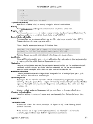Advanced Bash-Scripting Guide
            o | x |
            ----------
              | x |
            ----------
              | o |

            Your move, human (row, column)?
Alphabetizing a String
       Alphabetize (in ASCII order) an arbitrary string read from the command-line.
Parsing
       Parse /etc/passwd, and output its contents in nice, easy-to-read tabular form.
Logging Logins
       Parse /var/log/messages to produce a nicely formatted file of user logins and login times. The
       script may need to run as root. (Hint: Search for the string "LOGIN.")
Pretty-Printing a Data File
       Certain database and spreadsheet packages use save-files with comma-separated values (CSVs).
       Other applications often need to parse these files.

        Given a data file with comma-separated fields, of the form:

        Jones,Bill,235 S. Williams St.,Denver,CO,80221,(303) 244-7989
        Smith,Tom,404 Polk Ave.,Los Angeles,CA,90003,(213) 879-5612
        ...
        Reformat the data and print it out to stdout in labeled, evenly-spaced columns.
Justification
        Given ASCII text input either from stdin or a file, adjust the word spacing to right-justify each line
        to a user-specified line-width, then send the output to stdout.
Mailing List
        Using the mail command, write a script that manages a simple mailing list. The script automatically
        e-mails the monthly company newsletter, read from a specified text file, and sends it to all the
        addresses on the mailing list, which the script reads from another specified file.
Generating Passwords
        Generate pseudorandom 8-character passwords, using characters in the ranges [0-9], [A-Z], [a-z].
        Each password must contain at least two digits.
Monitoring a User
        You suspect that one particular user on the network has been abusing his privileges and possibly
        attempting to hack the system. Write a script to automatically monitor and log his activities when he's
        signed on. The log file will save entries for the previous week, and delete those entries more than
        seven days old.

      You may use last, lastlog, and lastcomm to aid your surveillance of the suspected malefactor.
Checking for Broken Links
      Using lynx with the -traversal option, write a script that checks a Web site for broken links.

DIFFICULT

Testing Passwords
       Write a script to check and validate passwords. The object is to flag "weak" or easily guessed
       password candidates.

        A trial password will be input to the script as a command-line parameter. To be considered
        acceptable, a password must meet the following minimum qualifications:

Appendix N. Exercises                                                                                      797
 