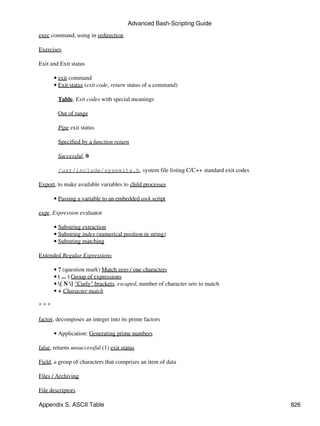 Advanced Bash-Scripting Guide

exec command, using in redirection

Exercises

Exit and Exit status

      • exit command
      • Exit status (exit code, return status of a command)

        Table, Exit codes with special meanings

        Out of range

        Pipe exit status

        Specified by a function return

        Successful, 0

        /usr/include/sysexits.h, system file listing C/C++ standard exit codes

Export, to make available variables to child processes

      • Passing a variable to an embedded awk script

expr, Expression evaluator

      • Substring extraction
      • Substring index (numerical position in string)
      • Substring matching

Extended Regular Expressions

      • ? (question mark) Match zero / one characters
      • ( ... ) Group of expressions
      • { N } "Curly" brackets, escaped, number of character sets to match
      • + Character match

***

factor, decomposes an integer into its prime factors

      • Application: Generating prime numbers

false, returns unsuccessful (1) exit status

Field, a group of characters that comprises an item of data

Files / Archiving

File descriptors

Appendix S. ASCII Table                                                          826
 