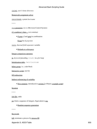 Advanced Bash-Scripting Guide

$HOME, user's home directory

Homework assignment solver

$HOSTNAME, system host name

***

$Id parameter, in rcs (Revision Control System)

if [ condition ]; then ... test construct

       • if-grep, if and grep in combination

         Fixup for if-grep test

$IFS, Internal field separator variable

       • Defaults to whitespace

Integer comparison operators

in, keyword preceding [list] in a for loop

Initialization table, /etc/inittab

Inline group, i.e., code block

Interactive script, test for

I/O redirection

Indirect referencing of variables

       • New notation, introduced in version 2 of Bash ( example script)

Iteration

***

Job IDs, table

jot, Emit a sequence of integers. Equivalent to seq.

       • Random sequence generation

***

Keywords

kill, terminate a process by process ID

Appendix S. ASCII Table                                                     830
 