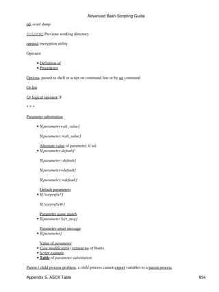 Advanced Bash-Scripting Guide

od, octal dump

$OLDPWD Previous working directory

openssl encryption utility

Operator

      • Definition of
      • Precedence

Options, passed to shell or script on command line or by set command

Or list

Or logical operator, ||

***

Parameter substitution

      • ${parameter+alt_value}

          ${parameter:+alt_value}

        Alternate value of parameter, if set
      • ${parameter-default}

          ${parameter:-default}

          ${parameter=default}

          ${parameter:=default}

        Default parameters
      • ${!varprefix*}

          ${!varprefix@}

        Parameter name match
      • ${parameter?err_msg}

        Parameter-unset message
      • ${parameter}

        Value of parameter
      • Case modification (version 4+ of Bash).
      • Script example
      • Table of parameter substitution

Parent / child process problem, a child process cannot export variables to a parent process

Appendix S. ASCII Table                                                                       834
 