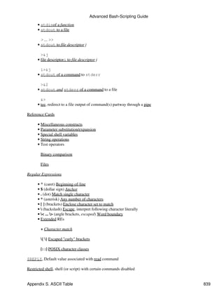 Advanced Bash-Scripting Guide

      • stdinof a function
      • stdout to a file

        > ... >>
      • stdout to file descriptor j

        >&j
      • file descriptori to file descriptor j

        i>&j
      • stdout of a command to stderr

        >&2
      • stdout and stderr of a command to a file

        &>
      • tee, redirect to a file output of command(s) partway through a pipe

Reference Cards

      • Miscellaneous constructs
      • Parameter substitution/expansion
      • Special shell variables
      • String operations
      • Test operators

        Binary comparison

        Files

Regular Expressions

      • ^ (caret) Beginning-of-line
      • $ (dollar sign) Anchor
      • . (dot) Match single character
      • * (asterisk) Any number of characters
      • [ ] (brackets) Enclose character set to match
      •  (backslash) Escape, interpret following character literally
      • < ... > (angle brackets, escaped) Word boundary
      • Extended REs

        + Character match

        { } Escaped "curly" brackets

        [: :] POSIX character classes

$REPLY, Default value associated with read command

Restricted shell, shell (or script) with certain commands disabled


Appendix S. ASCII Table                                                       839
 