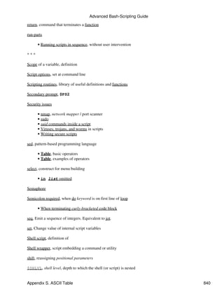Advanced Bash-Scripting Guide

return, command that terminates a function

run-parts

      • Running scripts in sequence, without user intervention

***

Scope of a variable, definition

Script options, set at command line

Scripting routines, library of useful definitions and functions

Secondary prompt, $PS2

Security issues

      • nmap, network mapper / port scanner
      • sudo
      • suid commands inside a script
      • Viruses, trojans, and worms in scripts
      • Writing secure scripts

sed, pattern-based programming language

      • Table, basic operators
      • Table, examples of operators

select, construct for menu building

      • in list omitted

Semaphore

Semicolon required, when do keyword is on first line of loop

      • When terminating curly-bracketed code block

seq, Emit a sequence of integers. Equivalent to jot.

set, Change value of internal script variables

Shell script, definition of

Shell wrapper, script embedding a command or utility

shift, reassigning positional parameters

$SHLVL, shell level, depth to which the shell (or script) is nested


Appendix S. ASCII Table                                                840
 