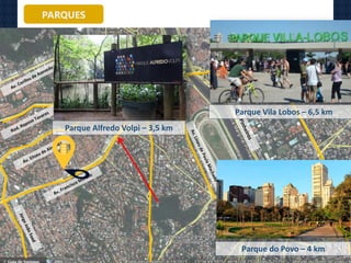 Parque Alfredo Volpi – 3,5 km
Parque do Povo – 4 km
Parque Vila Lobos – 6,5 km
PARQUES
 