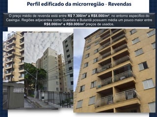 O preço médio de revenda está entre R$ 7.300/m² a R$8.000/m², no entorno especifico do
Caxingui. Regiões adjacentes como Guedala e Butantã possuem média um pouco maior entre
R$8.000/m² e R$9.000/m² preços de usados.
Perfil edificado da microrregião - Revendas
 