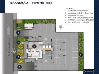 IMPLANTAÇÃO – Pavimento Térreo
1
2
3
4
5
3
LEGENDA:
1. Acesso social de pedestre
2. Acesso de pedestres de serviço
3. Acesso de veículos
4. Hall Social com pé direito duplo
5. Pet Place (acesso pelo 1º subsolo)
6. Bicicletário (no 1º subsolo)
 
